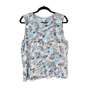 J. Jill Linen Tank Top Summer Blue/Purple/Grey Palm leave/floral pattern Size L